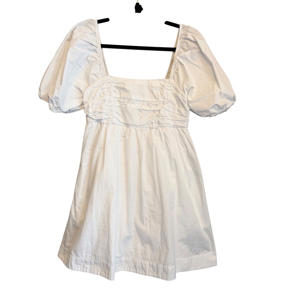 Free Assembly White Puff Sleeve Ruched‎ Mini Dress Square Neck Cotton Poplin M
